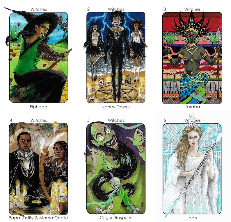 May include: Six illustrated cards with the word "Witches" at the top of each card. Each card features a different witch with a name below the image. The witches are Elphaba, Nancy Downs, Karaba, Papa Justify & Mama Cecile, Grigori Rasputin, and Jadis.