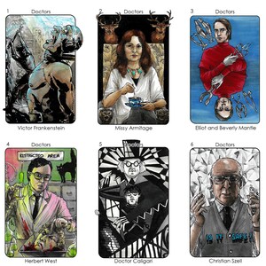 May include: Six illustrated cards featuring different doctors from horror movies. Each card has a number, the word "Doctors" and the name of the doctor. The cards are in a grid format.