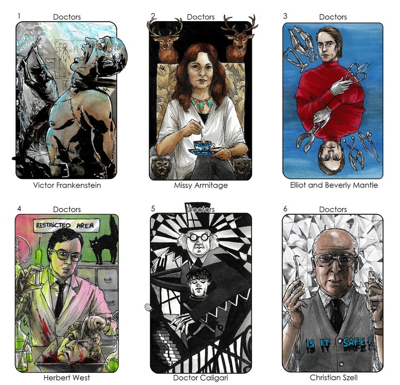 May include: Six illustrated cards featuring different doctors from horror movies. Each card has a number, the word "Doctors" and the name of the doctor. The cards are in a grid format.