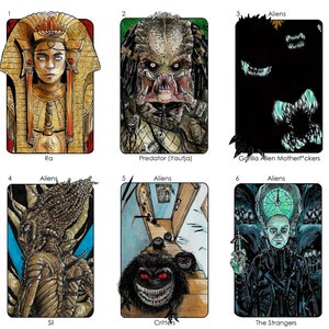 May include: A set of six illustrated cards featuring different alien creatures from popular science fiction movies. The cards are numbered 1 through 6 and each card has the word "Aliens" at the top. The cards feature illustrations of Ra, Predator (Yautja), Gorilla Alien Motherf*ckers, Sil, Critters, and The Strangers.