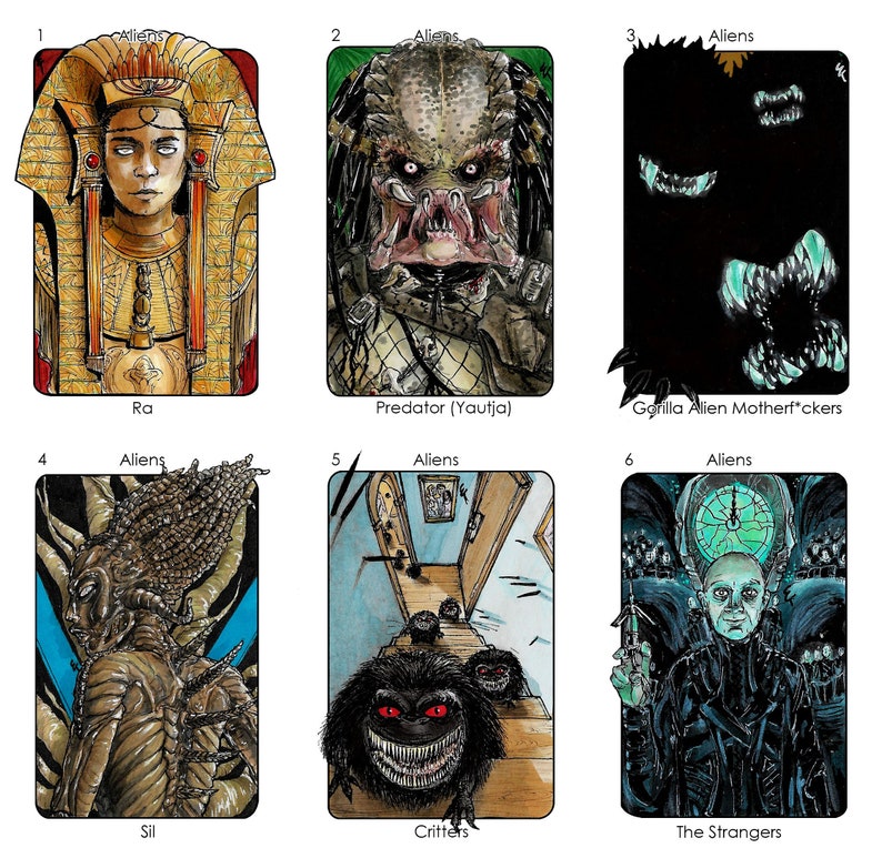 May include: A set of six illustrated cards featuring different alien creatures from popular science fiction movies. The cards are numbered 1 through 6 and each card has the word "Aliens" at the top. The cards feature illustrations of Ra, Predator (Yautja), Gorilla Alien Motherf*ckers, Sil, Critters, and The Strangers.