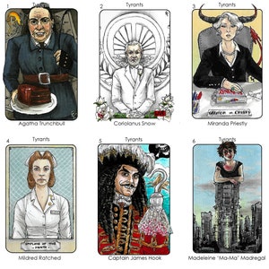 May include: A set of six illustrated cards featuring different characters, each with a title card that reads "Tyrants". The characters include a woman with a chocolate cake, a man in a white suit, a woman sitting in a chair, a woman in a nurse's uniform, a man with a hook for a hand, and a woman standing on a city.