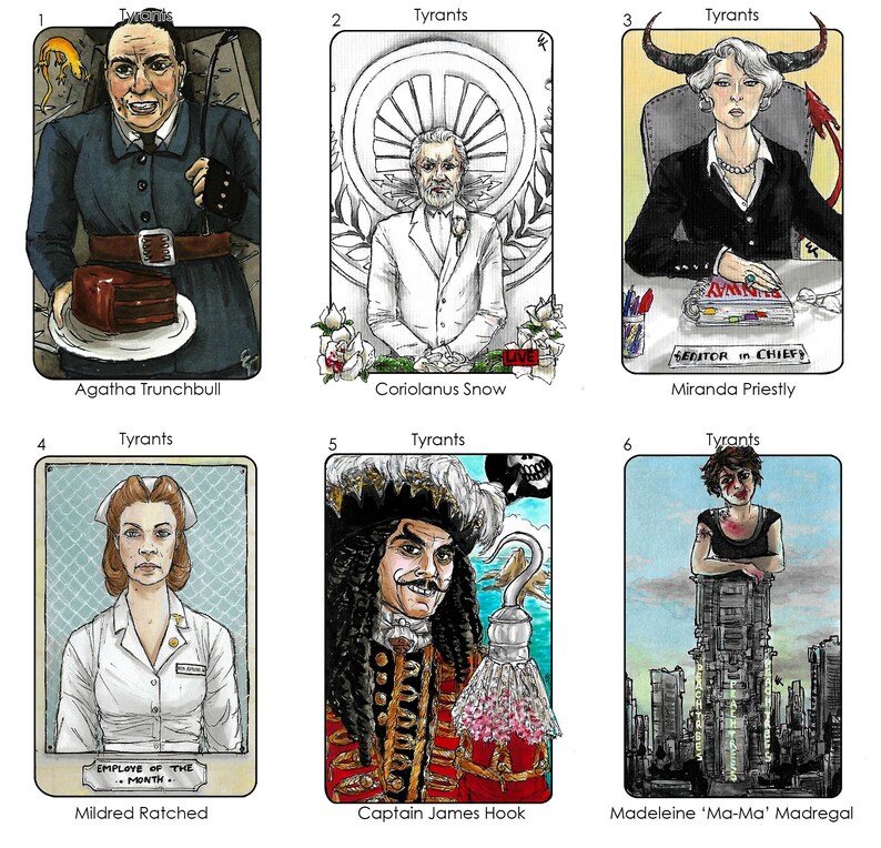 May include: A set of six illustrated cards featuring different characters, each with a title card that reads "Tyrants". The characters include a woman with a chocolate cake, a man in a white suit, a woman sitting in a chair, a woman in a nurse's uniform, a man with a hook for a hand, and a woman standing on a city.