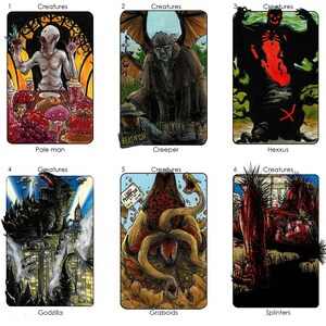 May include: Six illustrated cards with the title "Creatures" at the top of each card. Each card features a different creature, including a pale man, a creeper, a hexxus, Godzilla, a graboid, and splinters.