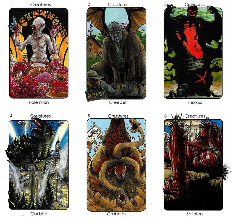 May include: Six illustrated cards with the title "Creatures" at the top of each card. Each card features a different creature, including a pale man, a creeper, a hexxus, Godzilla, a graboid, and splinters.