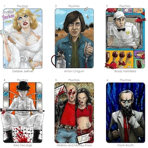 May include: A collage of six illustrated trading cards featuring characters from different movies. Each card has a white border and a title that reads "Psychos". The characters are depicted in a cartoon style and include Debbie Jellinski, Anton Chigurh, Brady Hartsfield, Alex DeLarge, Mallory and Mickey Knox, and Frank Booth.