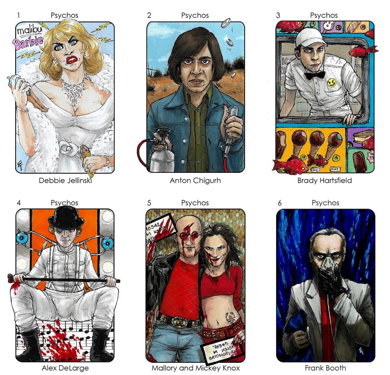 May include: A collage of six illustrated trading cards featuring characters from different movies. Each card has a white border and a title that reads "Psychos". The characters are depicted in a cartoon style and include Debbie Jellinski, Anton Chigurh, Brady Hartsfield, Alex DeLarge, Mallory and Mickey Knox, and Frank Booth.