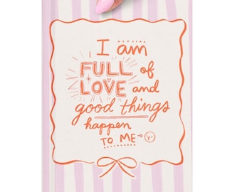 I am Full of Love Hardcover Journal - matte lined notebook pink stripe bow positive design