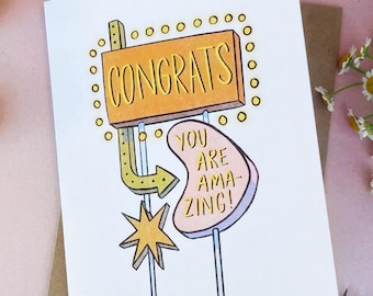 Congrats Greeting Card – Vegas Neon Sign Illustration, Recycled Envelope