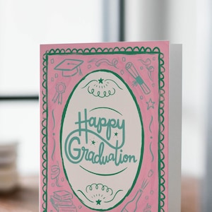 Happy Graduation Greeting Card - A2 4.25&quot;x5.5&quot; - Congratulations card congrats grad card pink green card for graduate