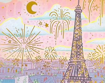 Eiffel Tower Art Print – Gold Foil Paris Fantasy Wall Decor (11x14 Inch)