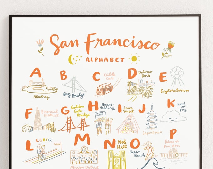 San Francisco Alphabet Poster 16x20 - bay area sf art map baby shower gift room decoration ca california 7x7