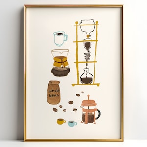May include: A framed illustration of different coffee brewing methods, including a pour-over coffee maker, a French press, and a cold brew coffee maker. The illustration is done in a colorful, hand-painted style with a white background. The text "whole bean" is visible on a brown bag.