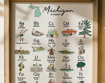 Michigan Alphabet Art Print Poster - michigan nursery michigan baby Michigan wall art Michigan poster michigan art michigan map