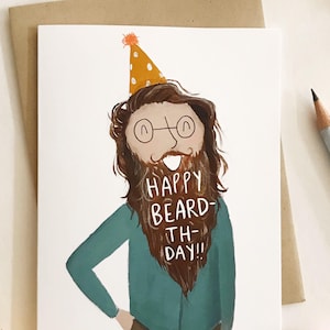 Carte de voeux Happy Beardthday - A2 4,25 x 5,5 pouces - carte de jeu de mots de joyeux anniversaire pour homme carte pour petit ami carte pour papa carte pour mec carte pour homme