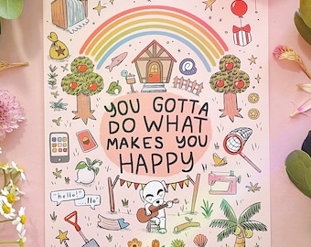 Lámina decorativa de Animal Crossing KK Slider con la frase "Tienes que hacer lo que te hace feliz", decoración pastel para gamers, regalo de ACNH para fans de Nintendo.