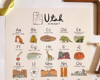 Pôster com estampa do alfabeto de Utah - mapa do estado para decoração de parede de quarto de bebê ou berçário.