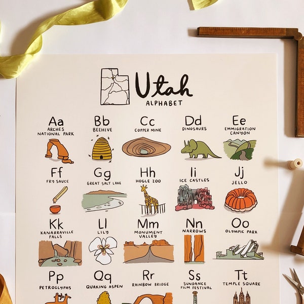 Utah Alphabet Poster 16x20 - state map art nursery baby room wall home decor painting