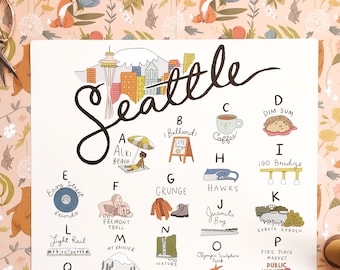 Seattle Alphabet Poster 16x20 - Washington WA art print wall decor space needle map baby room