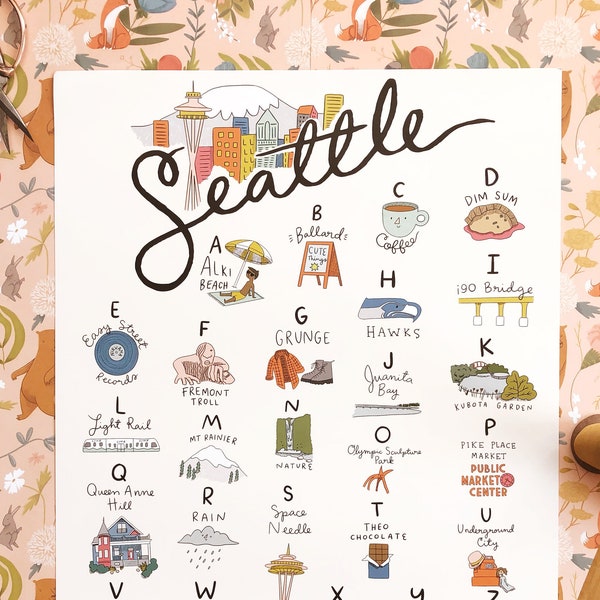 Seattle Alphabet Poster 16x20 - Washington WA art print wall decor space needle map baby room