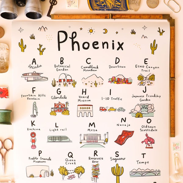 Phoenix Alphabet Poster 16x20 - Kid's Room baby nursery gift decor wall hanging state girl boy room art arizona map design city place
