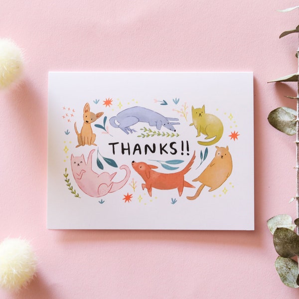 Thank You Dog and Cat Greeting Card - A2 4.25"x5.5" - thank you pet sitter thank you dog thanks pet dogs puppies petsitting pet walking