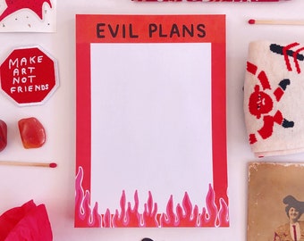 Evil Plans Notepad 5x7 - 50 sheets - list shopping pad illustration illustrated design funny notepads cute