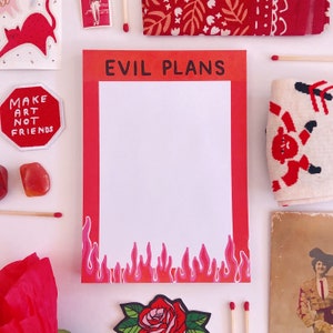 Evil Plans Notepad 5x7 - 50 sheets - list shopping pad illustration illustrated design funny notepads cute