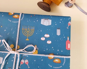 Hanukkah Party Pattern Wrapping Paper Sheets - Each Sheet 20"x29" - holiday wrap gift present hannukah blue