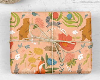 Dancing Animals Pattern Wrapping Paper Sheets - 20"x28" - wrapping paper fox wrapping fox wrap cute wrap bear wrapping paper bear wrap