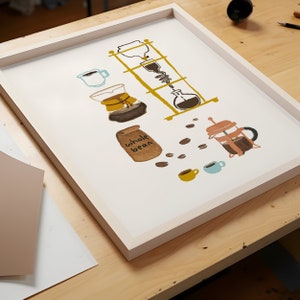 May include: A white framed illustration of coffee brewing methods. The illustration includes a coffee grinder, a pour-over coffee maker, a French press, a bag of whole beans, and coffee cups.