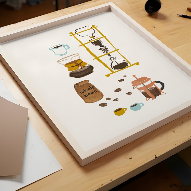 May include: A white framed illustration of coffee brewing methods. The illustration includes a coffee grinder, a pour-over coffee maker, a French press, a bag of whole beans, and coffee cups.
