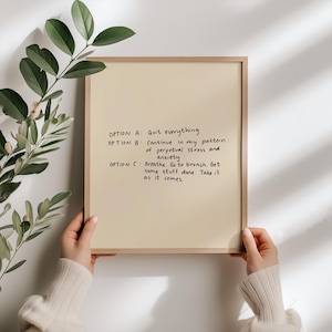 May include: A framed print with a beige background and black handwritten text. The text reads: "OPTION A: Quit everything. OPTION B: Continue in my pattern of perpetual stress and anxiety. OPTION C: Breathe. Go to brunch. Get some stuff done. Take it as it comes."