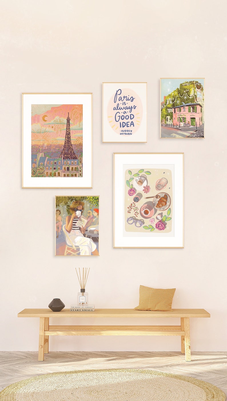 May include: A set of four framed illustrations with a Parisian theme. The illustrations include the Eiffel Tower, a Parisian cafe, a woman reading a book, and a breakfast scene with coffee, croissants, and flowers.