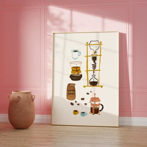 May include: A framed illustration of different coffee brewing methods, including a pour-over coffee maker, a French press, and a cold brew coffee maker. The illustration is in a watercolor style and features a variety of colors, including brown, beige, and blue. The text "whole bean" is visible on the bag of coffee beans.