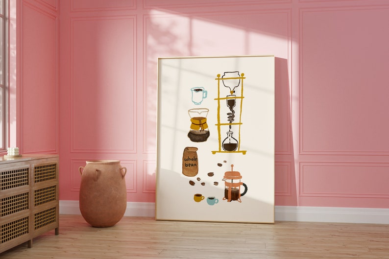 May include: A framed illustration of different coffee brewing methods, including a pour-over coffee maker, a French press, and a cold brew coffee maker. The illustration is in a watercolor style and features a variety of colors, including brown, beige, and blue. The text "whole bean" is visible on the bag of coffee beans.