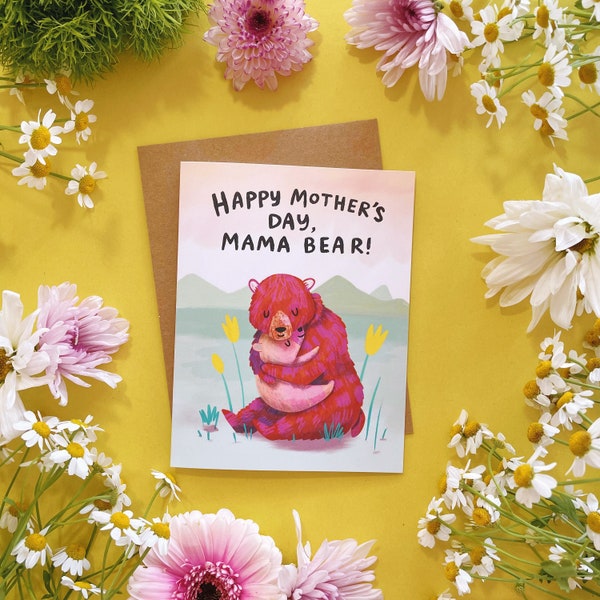 Mother's Day Mama Bear Greeting Card - A2 4.25"x5.5" - Happy Mother's Day to my for my mama mum mom love gift hug