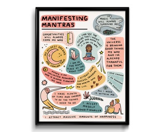 Manifesting Mantras Art Print 8x10 - manifest art artwork wall decor zen den affirmations spiritual chakras crystals spiritual art