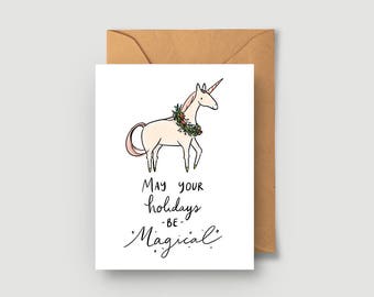 Holiday Card - May Your Holidays Be Magical - Christmas Unicorn - Single or Boxed Cards Set