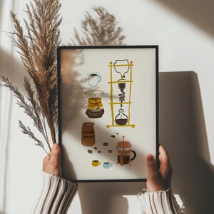 May include: A framed illustration of a coffee brewing process. The illustration shows a coffee maker, a french press, and a bag of whole coffee beans. The text "whole bean" is written on the bag.