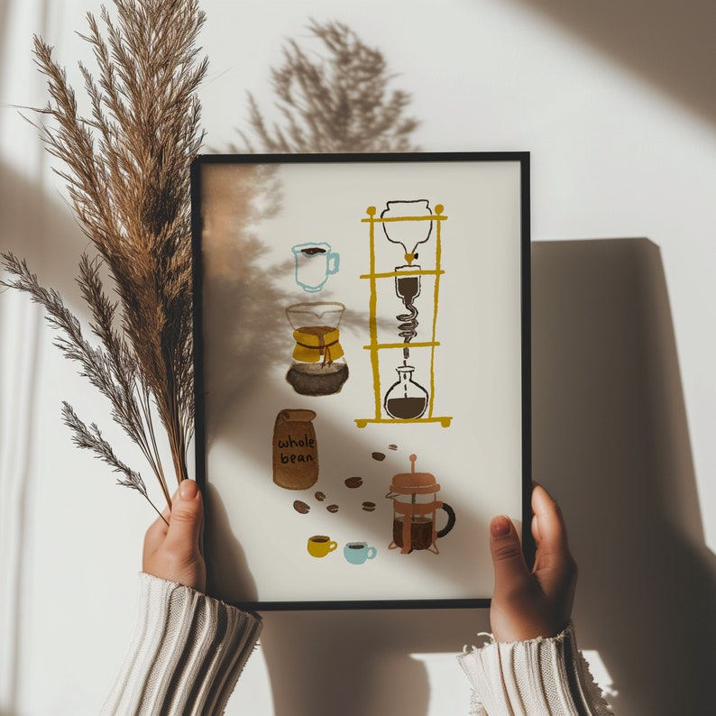 May include: A framed illustration of a coffee brewing process. The illustration shows a coffee maker, a french press, and a bag of whole coffee beans. The text "whole bean" is written on the bag.