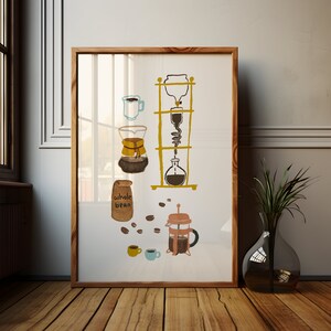 May include: A watercolor illustration of different coffee brewing methods, including a French press, a pour-over coffee maker, and a cold brew coffee maker. The illustration also includes a bag of whole coffee beans and a few coffee beans scattered around.