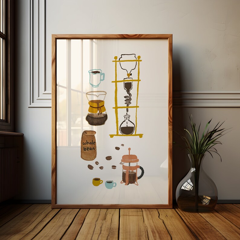 May include: A watercolor illustration of different coffee brewing methods, including a French press, a pour-over coffee maker, and a cold brew coffee maker. The illustration also includes a bag of whole coffee beans and a few coffee beans scattered around.