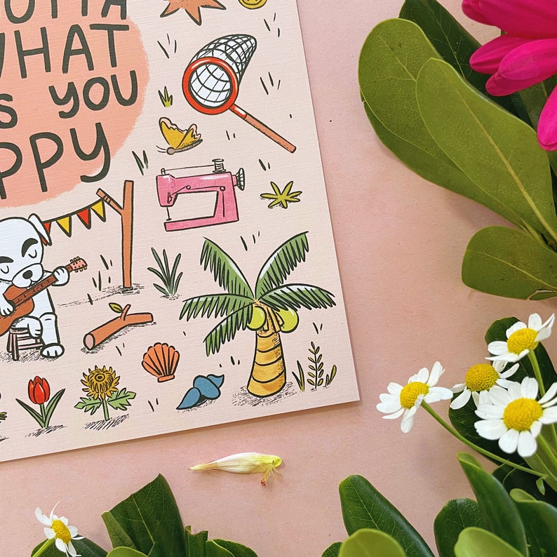 Grafika Animal Crossing KK Slider – cytat „Musisz robić to, co cię uszczęśliwia”, pastelowa dekoracja dla graczy, prezent ACNH dla fanów Nintendo zdjęcie 3