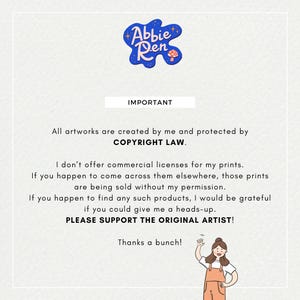 Może przedstawiać: Cyfrowy wydruk artystyczny z niebieskim logo Abbie Den i ilustracją grzyba. Tekst zawiera informacje o prawach autorskich i prośbę o wsparcie oryginalnego artysty. Na białym tle.