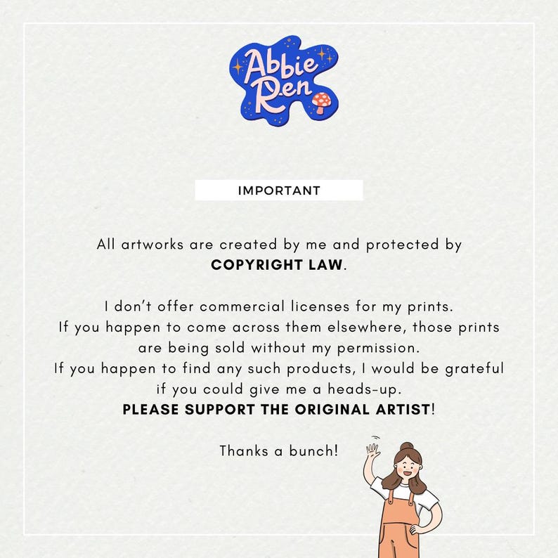 Może przedstawiać: Cyfrowy wydruk artystyczny z niebieskim logo Abbie Den i ilustracją grzyba. Tekst zawiera informacje o prawach autorskich i prośbę o wsparcie oryginalnego artysty. Na białym tle.