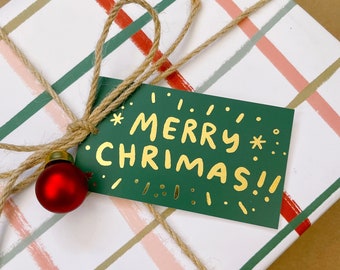 Merry Chrimas *Notez une faute d'orthographe* Etiquettes cadeaux de Noël vertes et dorées - Lot de 10 2"x3,5" - feuille d'or - emballage amusant