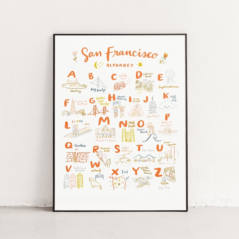 San Francisco Alphabet Poster 16x20 bay area sf art map baby shower gift room decoration ca california 7x7 image 1