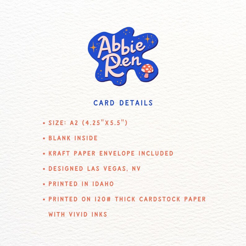 Op de afbeelding: Een A2-formaat kaart met de tekst "Abbie Ren" in een blauw en roze splatterontwerp. De kaartdetails staan hieronder vermeld: Formaat: A2 (4,25"x5,5"), Lege binnenkant, Kraftpapier envelop inbegrepen, Ontworpen in Las Vegas, NV, Gedrukt in Idaho, Gedrukt op 120# dik cardstock papier met levendige kleuren.
