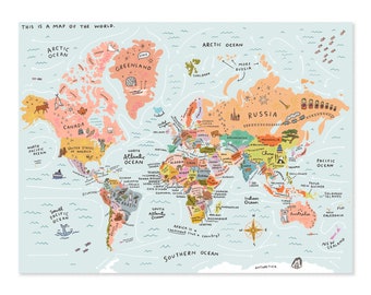 Illustrated World Map Poster 20x29 - travel map globe, Travel Art Poster, Nursery Wall Decor